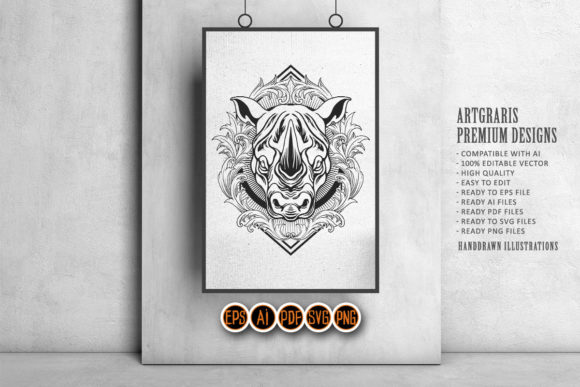 Rhino Ornament Floral Frame Silhouette